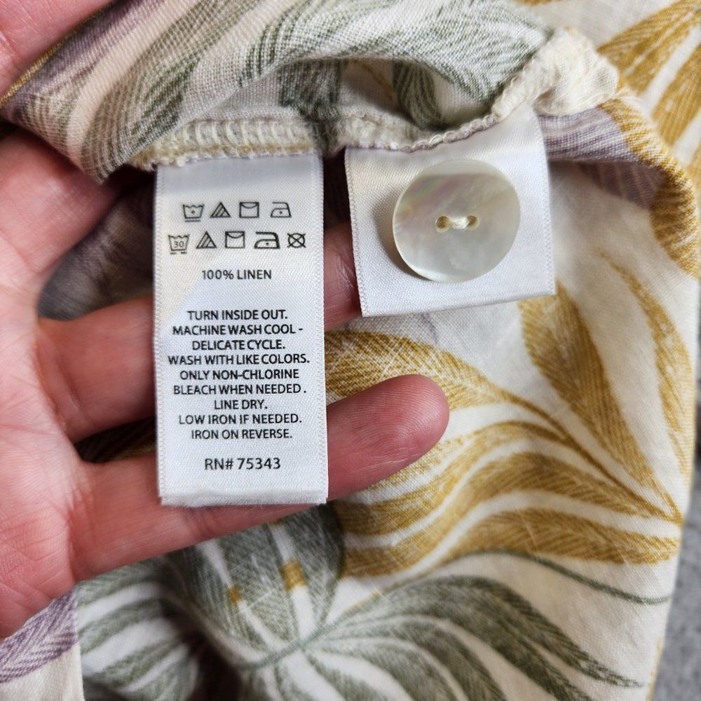 Tahari Linen Top Womens 1X Cream Floral Leaves Tropical Button Side Resort - Picture 10 of 16